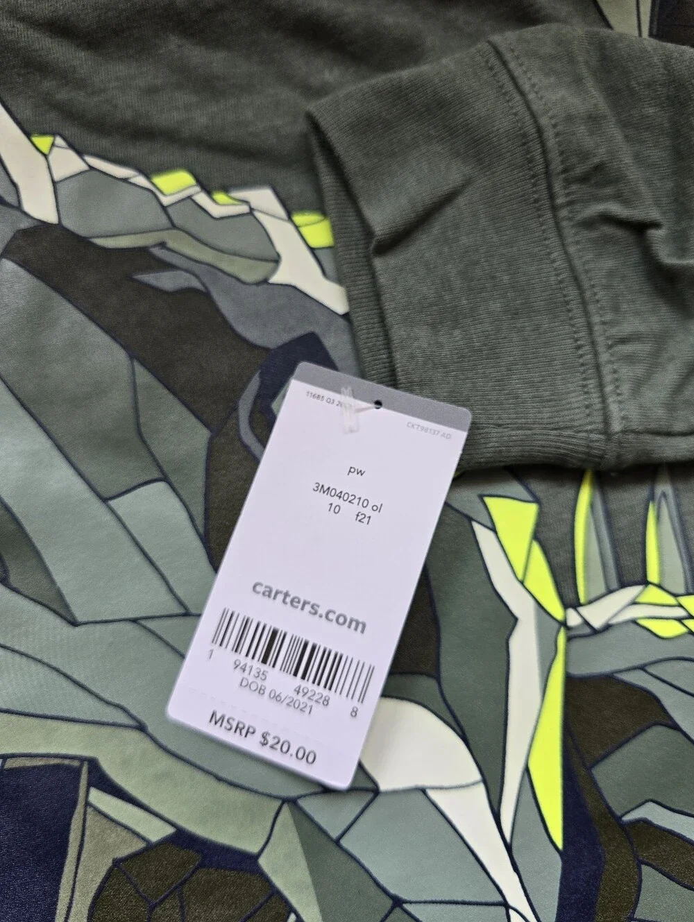 Carter's Green Long Sleeve Tee with Geometric Dinosaur Graphic